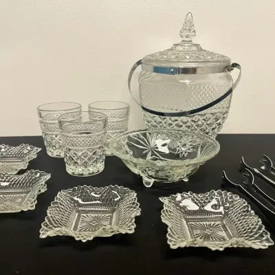 Vintage Anchor Hocking Wexford Glass Ice Bucket, Dessert Dishes & Short Tumblers