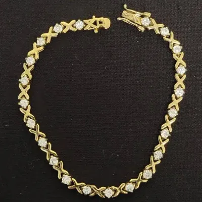 Gold Vermeil/Sterling Silver w/White Stones Cross Link Bracelet 10.3g