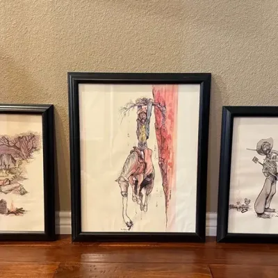 3 Bud McCaulley Framed Prints: "Branding Time," "Bear-ly Safe," & "Hang In There"