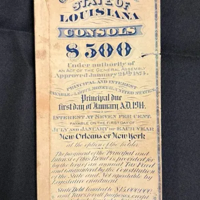 Antique 19th Century State of Louisiana $500 Consolidated Bond Certificate - Scripophily #4