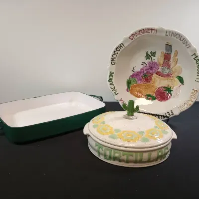 Handpainted Serving Bowl And Tortilla Warmer + Dansk Cast Iron Casserole Dish