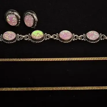 Sterling Silver & Pink Opal Jewelry Lot W/ Necklace + Bracelet + Earrings 19.9g