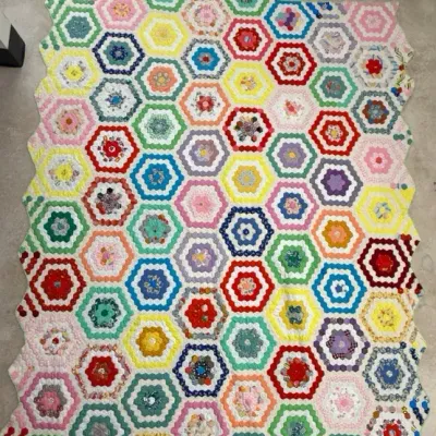 Handmade Hexie Flower Garden Quilted Coverlet (75” x 94”)