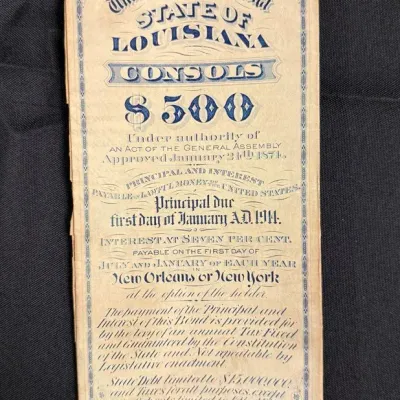 Antique 19th Century State of Louisiana $500 Consolidated Bond Certificate - Scripophily #7