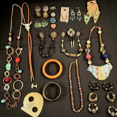 Western Costume Jewlery Lot W/ Native American Collar Clips + Bolo Ties + Button Covers & More!
