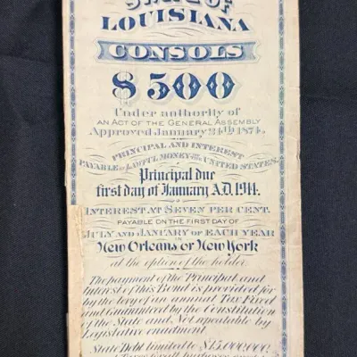 Antique 19th Century State of Louisiana $500 Consolidated Bond Certificate - Scripophily 