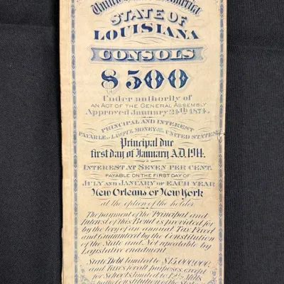 Antique 19th Century State of Louisiana $500 Consolidated Bond Certificate - Scripophily #8