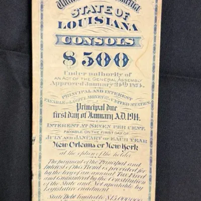 Antique 19th Century State of Louisiana $500 Consolidated Bond Certificate - Scripophily #6