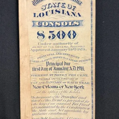 Antique 19th Century State of Louisiana $500 Consolidated Bond Certificate - Scripophily #2