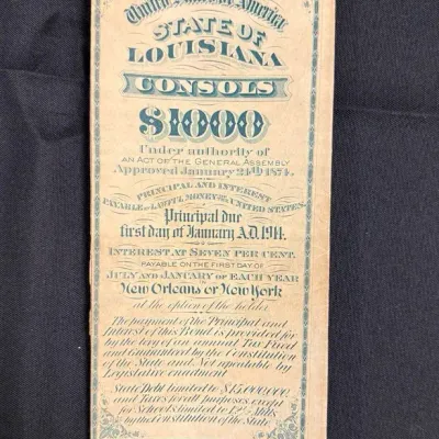 Antique 19th Century State of Louisiana $1000 Consolidated Bond Certificate - Scripophily