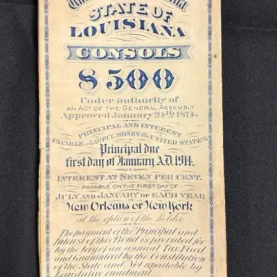 Antique 19th Century State of Louisiana $500 Consolidated Bond Certificate - Scripophily #5