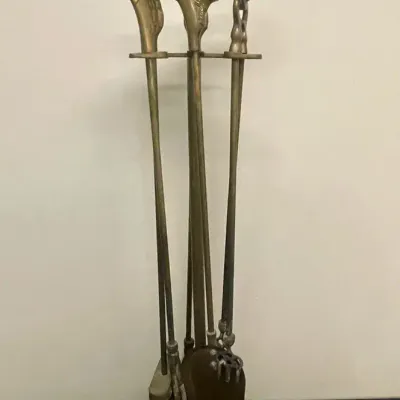 Vintage Brass Horse-Head Equestrian Fireplace Tool Set & Stand