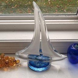 Signed Anchor Bend Glassworks Hand-Blown Art Glass Sailboat Sculpture & Fruit