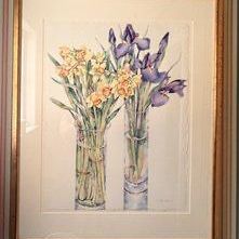 Jo Spiller Original Watercolor Painting – Daffodils & Irises Floral Still Life Framed