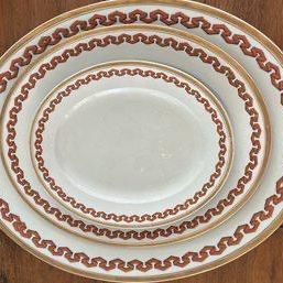Antique 1872 British Aesthetic Movement Nesting Platters, Orange Greek Key Trio