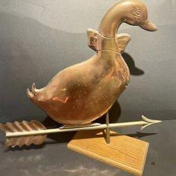 Vintage 25" Copper Drake Duck Weathervane Arrow Figure On Wood Display Base