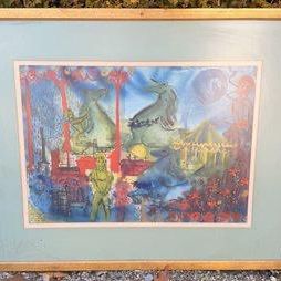 Watercolor Entitled Blue Carnival At Night Signed GT Johnson.