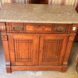 Eastlake Walnut Commode Washstand With Fossilized Grey Marble Top