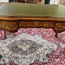 Vintage French Louis XV Style Bureau Plat – Walnut & Satinwood Marquetry Writing Desk With Green Leather Top