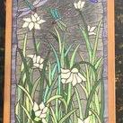 Vintage Art Nouveau Slag Glass Window, Dragonfly & Water Lily Stained Glass