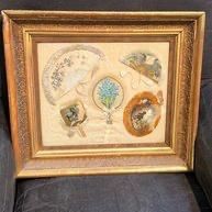 Antique Gold-Gilded Framed Showcase Featuring Vintage Hand Fans & Collector Cards