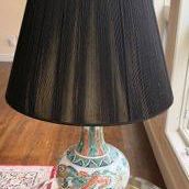 Vintage Chinese Famille Verte Porcelain Foo Lion Vase Lamp Black Pleated Shade