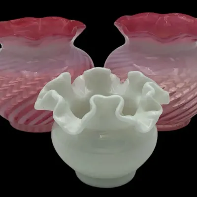 2 Fenton Cranberry Opalescent Spiral Vases And 1 Fenton Milk Glass Rose Bowl 