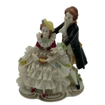 Vintage German Lace Porcelain Victorian Couple Figurine