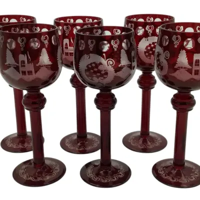 Bohemian Ruby Red Cut To Clear Wine Goblets - Six 8” Glasses 