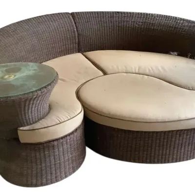 Large Curved PE Rattan Sofa/Daybed With Built In Side Table