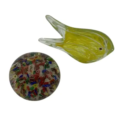 Two Paperweights - Millefiori & Ribbon And Art Glass Fish 