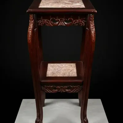 Vintage Carved Wood Two-Tier Accent Table with Marble Inlays & Cabriole Legs