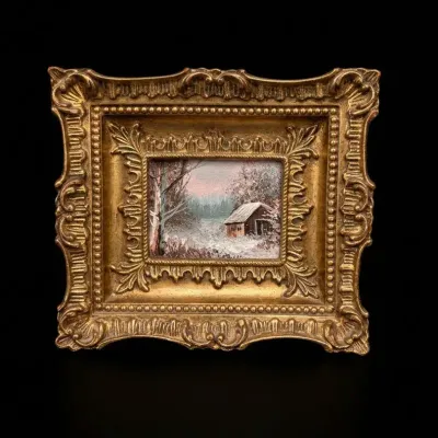 Vintage Miniature Winter Landscape Painting Ornate Gold Gilt Rococo Frame