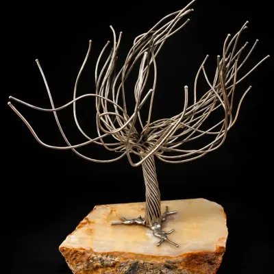 MCM Vintage Modernist Abstract Metal Wire Tree Sculpture on Natural Stone Base