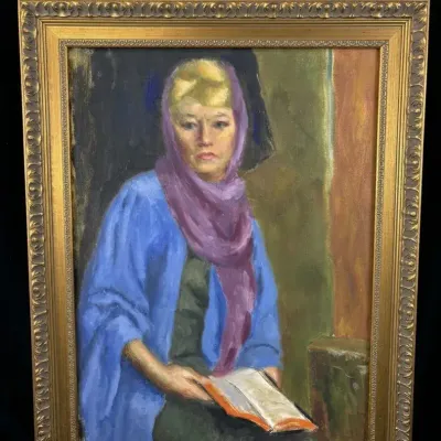 Vintage Portrait Oil Painting Woman Reading Book Purple Scarf Ornate Gold Frame