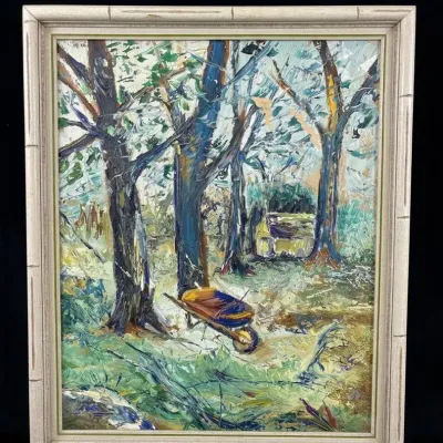 Vintage Impressionist Landscape Painting Woodland Garden Wheelbarrow Framed