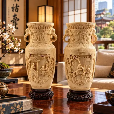 VINTAGE PAIR CARVED IVORY RESIN BONE CELLULOID DESIGN VASES CARVED WOOD BASE CD