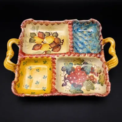 Bloomingdale’s Italian Pottery 4-Section Serving Dish Handled Fruit Floral