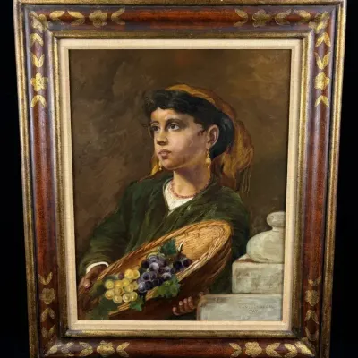 Frances Adler Signed 1908 Oil Painting Portrait Girl With Grapes Ornate Frame