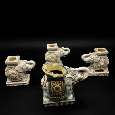 Vintage Asian Ceramic Elephant Lot of 4 Figurines & Incense Holder