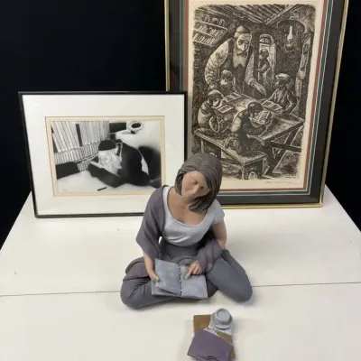 Eclectic Art Lot Of 3 Woman Reading With Two Signed Pieces Of Art