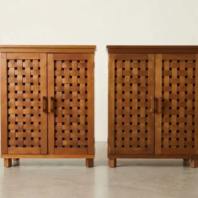 Pair of Wood Storage Cabinets with Woven Lattice Doors – Rustic MCM Style