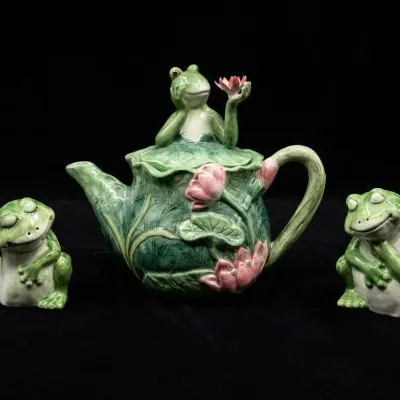 Whimsical Ceramic Frog Teapot with Lotus Flowers & Pair of Frog Figurines