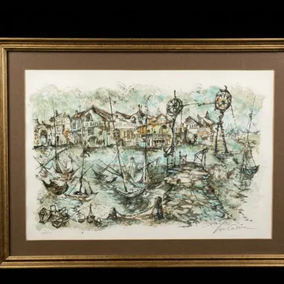Daniel Louradour Signed French Harbor Village Lithograph Framed Artwork