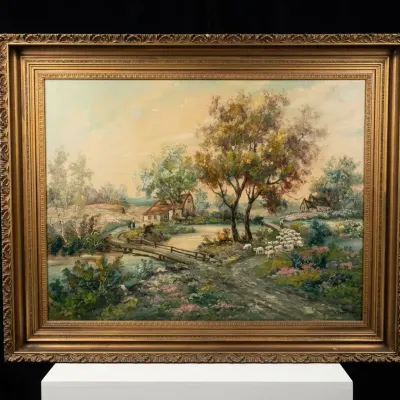 Vintage M.L. Sanders Signed Oil Painting Pastoral Landscape Ornate Gold Frame