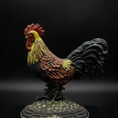 Vintage Cast Iron Rooster Figurine Hand Painted Farmhouse Country Decor