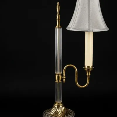Vintage Brass & Crystal Column Bouillotte Style Table Lamp with Shade