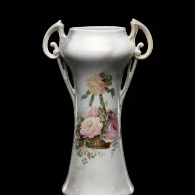 Antique RS Prussia Porcelain Floral Rose Vase Double Handles Art Nouveau
