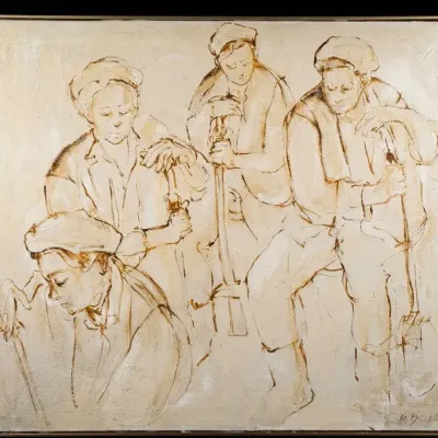 Figurative Painting of Four Workers Signed Bogen Framed Original Art