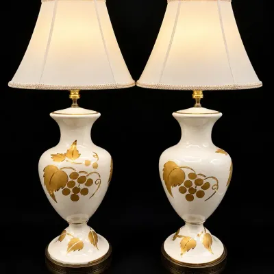 Pair Vintage Ivory Porcelain Table Lamps Gold Grape & Leaf Design with Shades